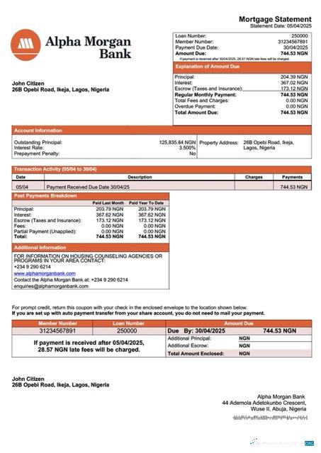 Download Nigeria Alpha Morgan Bank mortgage statement Word and PDF template Photoshop template